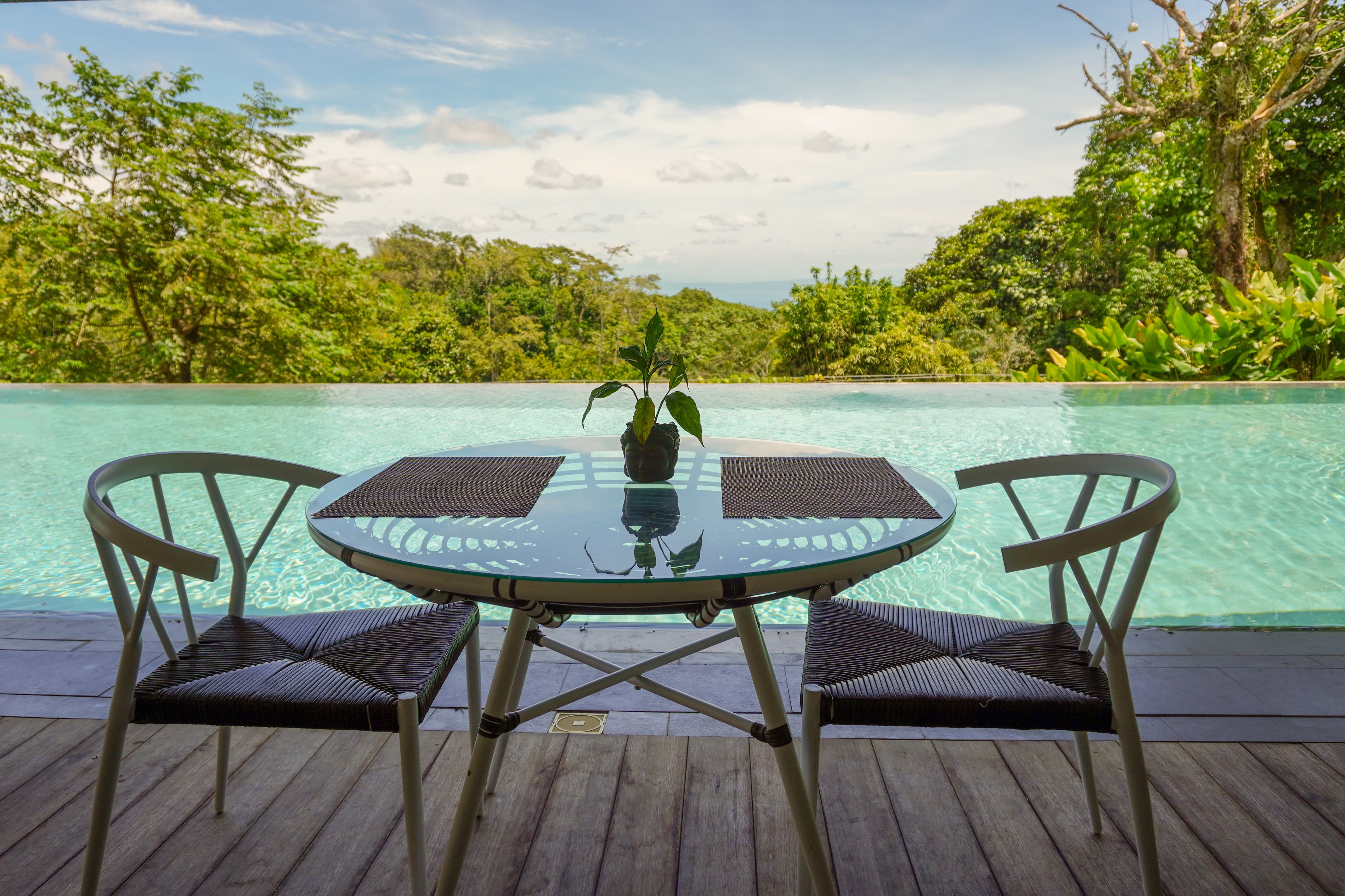 Infinity pool overlooking the lush forest at Hidden Gardens